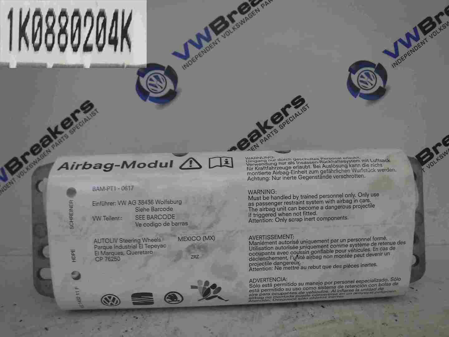 Volkswagen Jetta A5 2005-2011 Passenger NSF Front Air Dashboard bag 1k0880204K